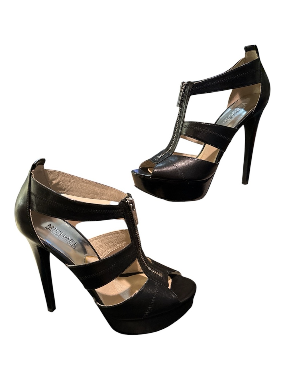 Michael Kors Black Strappy T-Zip Platform stiletto Heels size 8